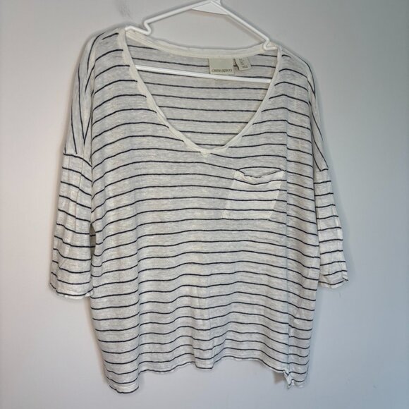 CYNTHIA ROWLEY 100% Linen Short Sleeve Tee Womens L V-Neck Navy Stripe Cream - Picture 1 of 6